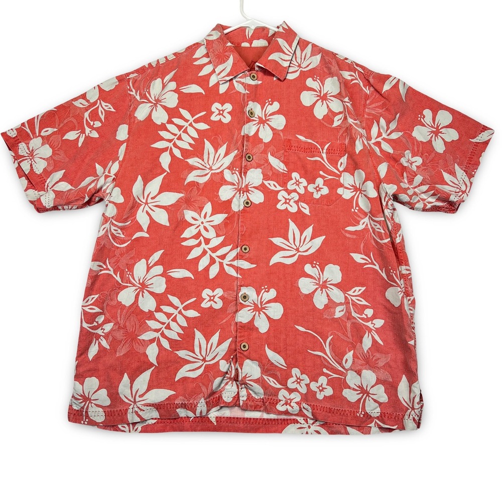 Tommy Bahama Mens Large Red Silk Floral Hibiscus Short Sleeve Button Up Shirt